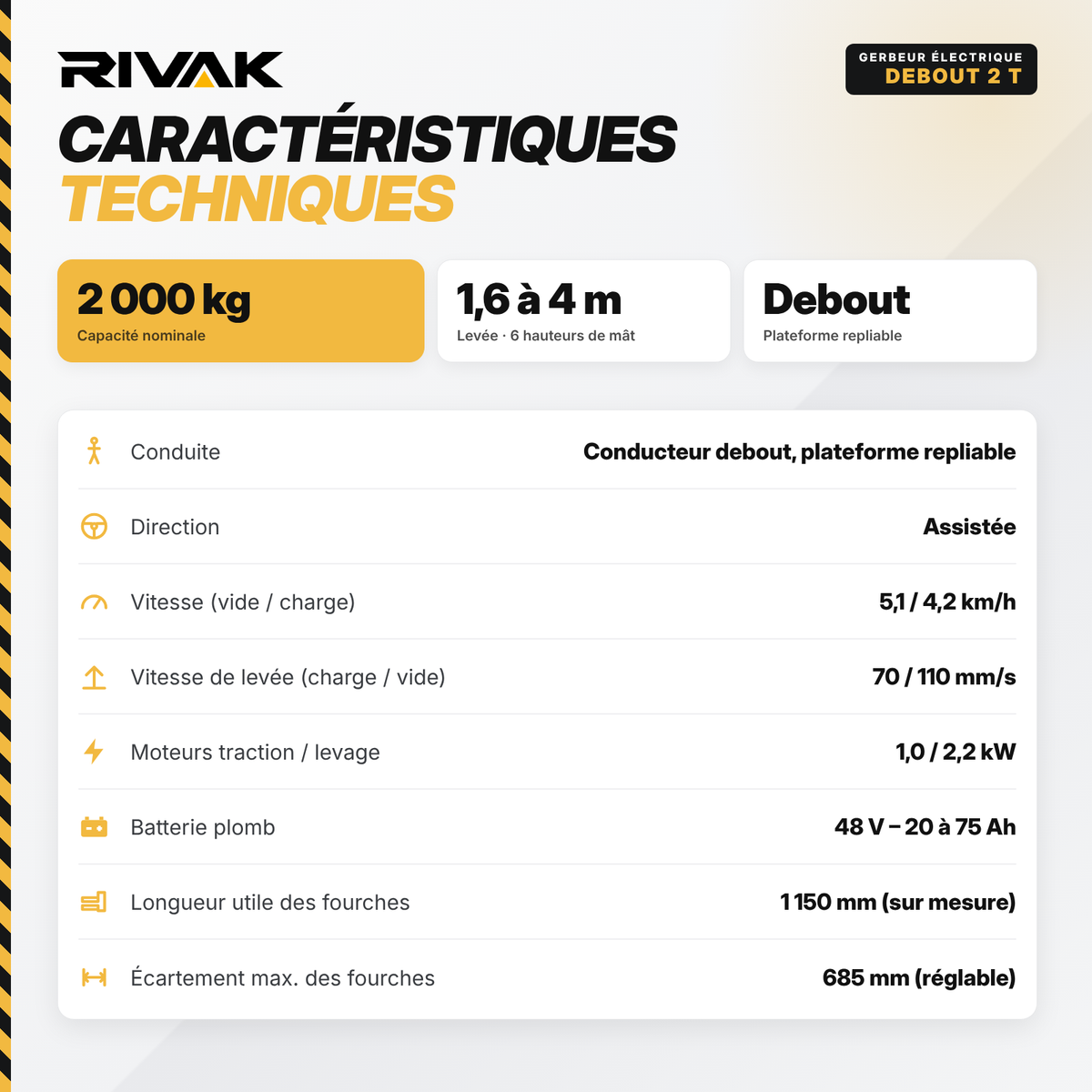 Gerbeur électrique à conducteur debout 2 tonnes