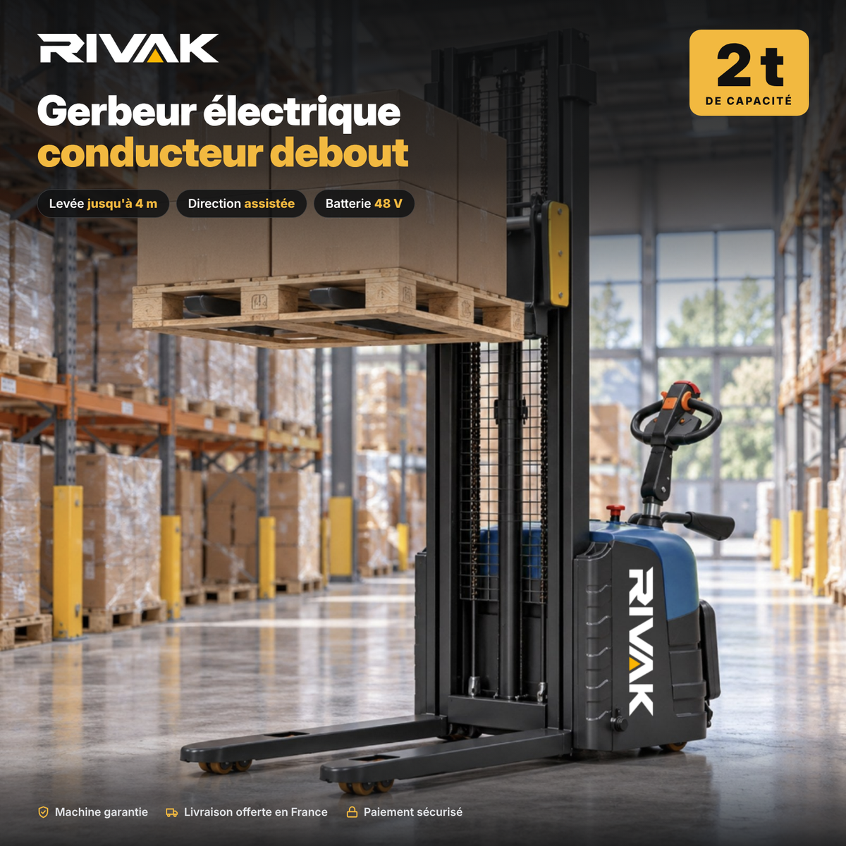 Gerbeur électrique à conducteur debout 2 tonnes