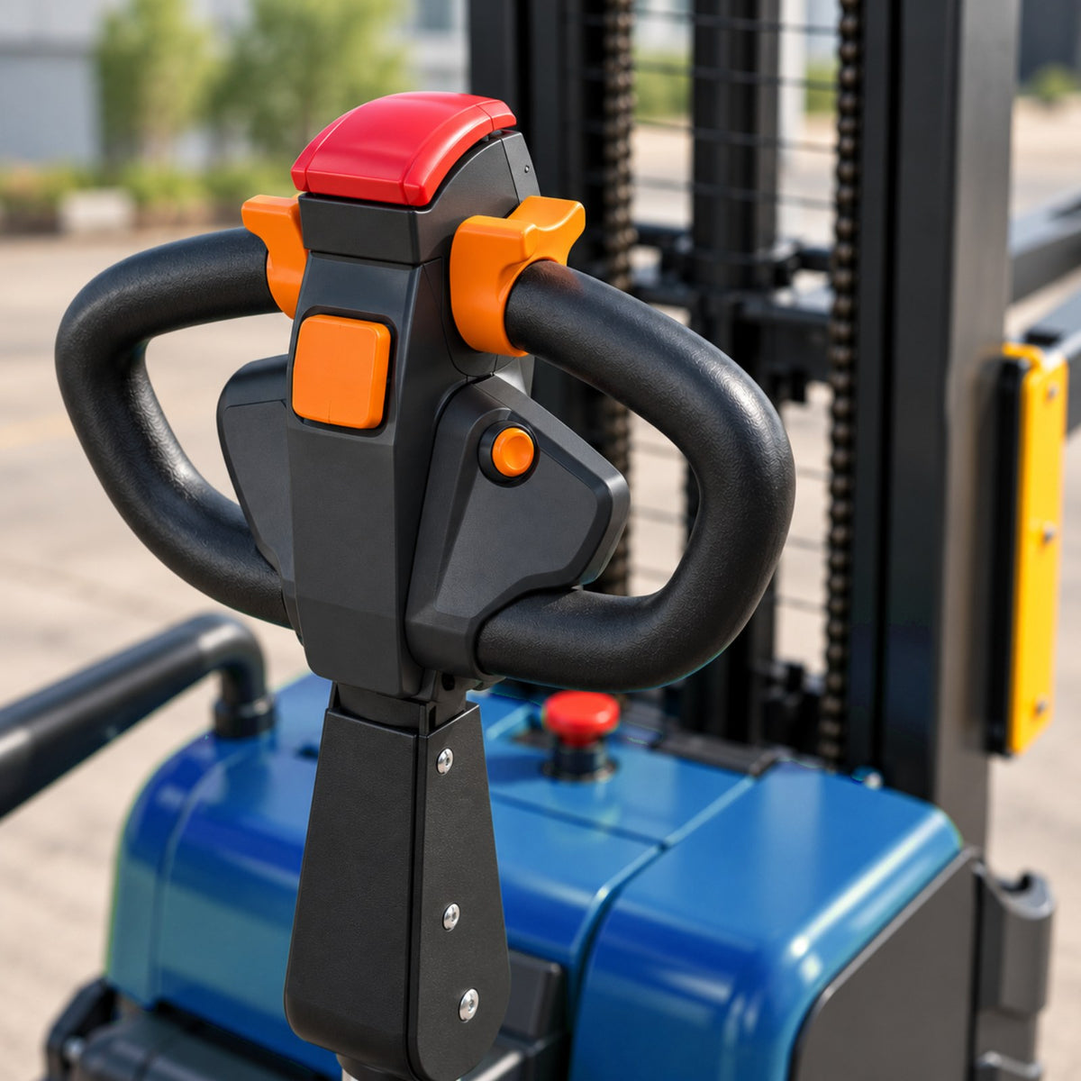 Gerbeur électrique à conducteur debout 2 tonnes – coloris bleu – détail du timon de commande