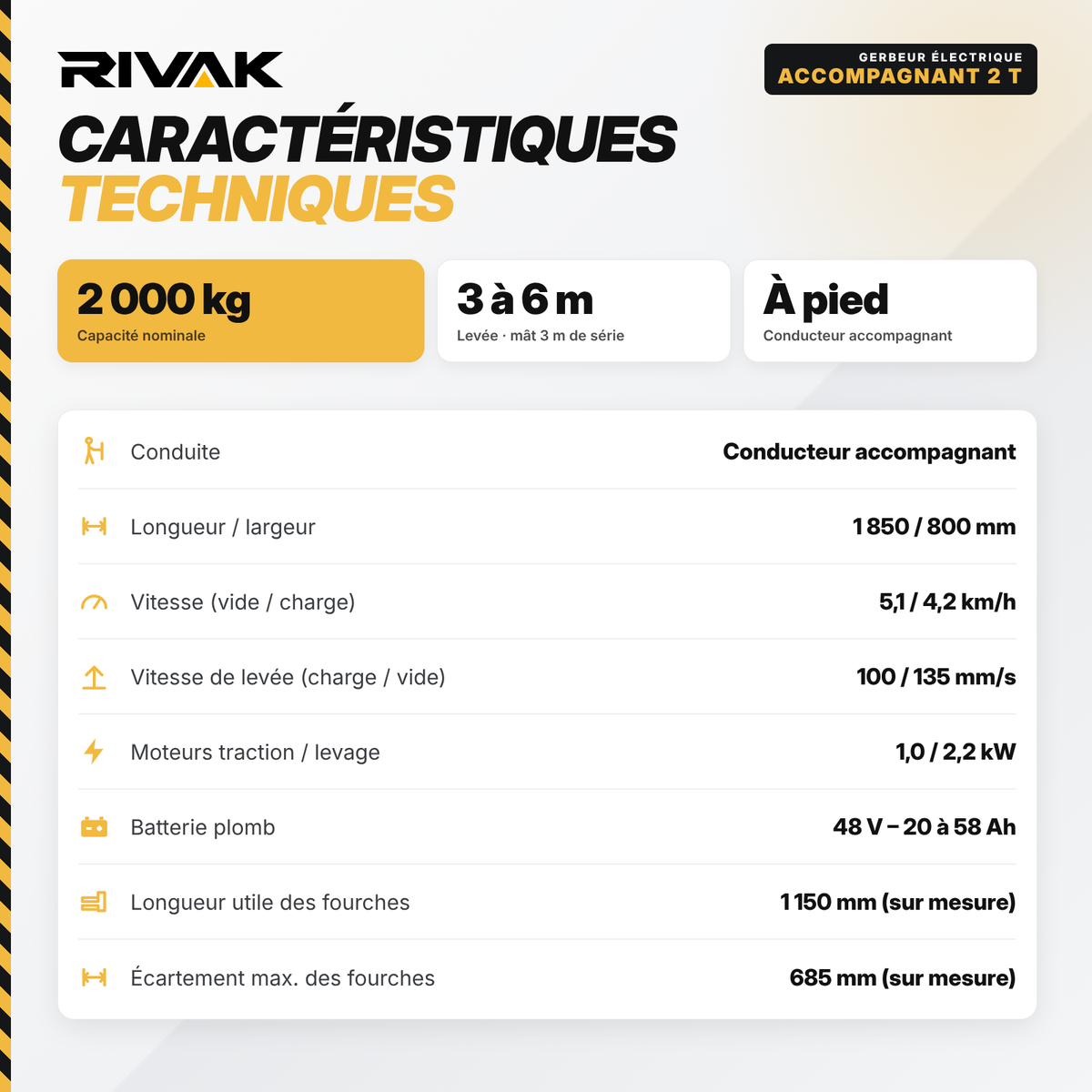 Gerbeur électrique à conducteur accompagnant 2 tonnes