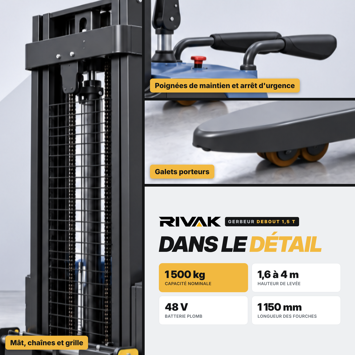 Gerbeur électrique à conducteur debout 1,5 tonne