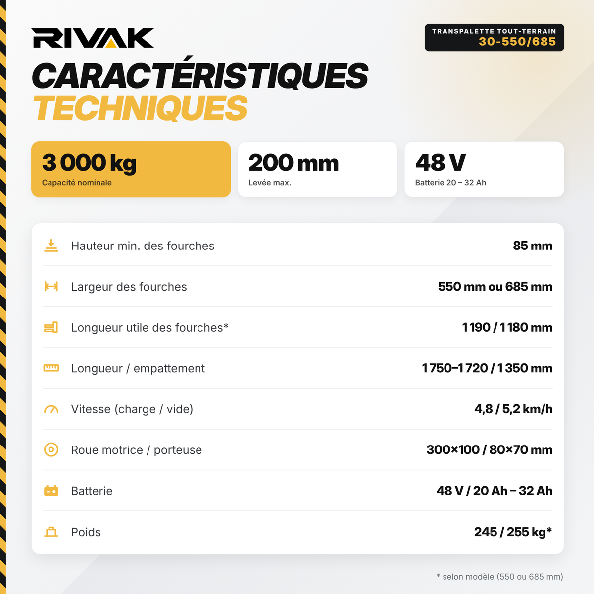 Transpalette tout-terrain tout électrique 3 tonnes – 30-550/685